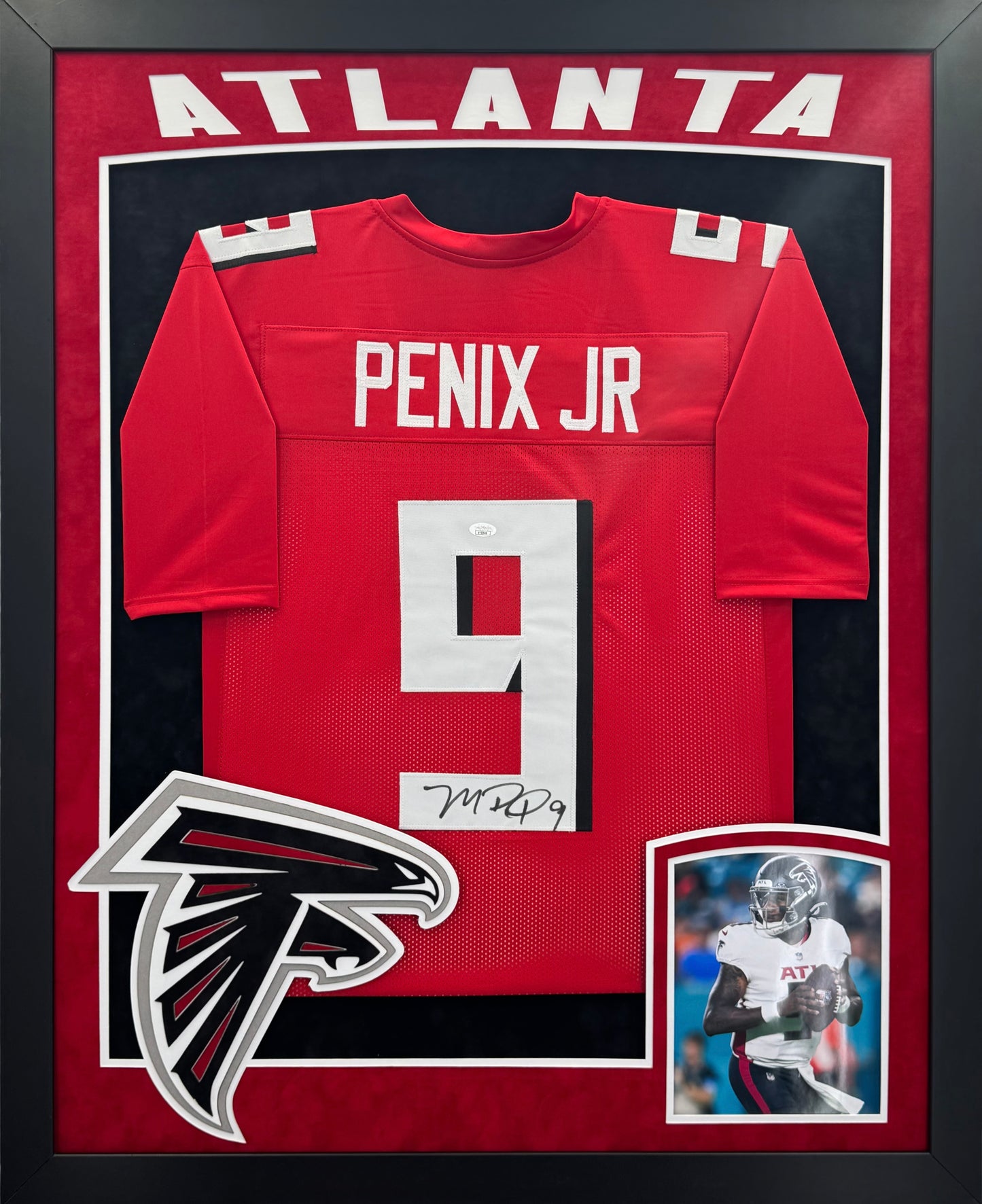 Atlanta Falcons Michael Penix Jr. Hand Signed Autographed Custom Red Jersey Framed with Suede Matting, XL 3D Logo, & Cutout Lettering Includes JSA COA