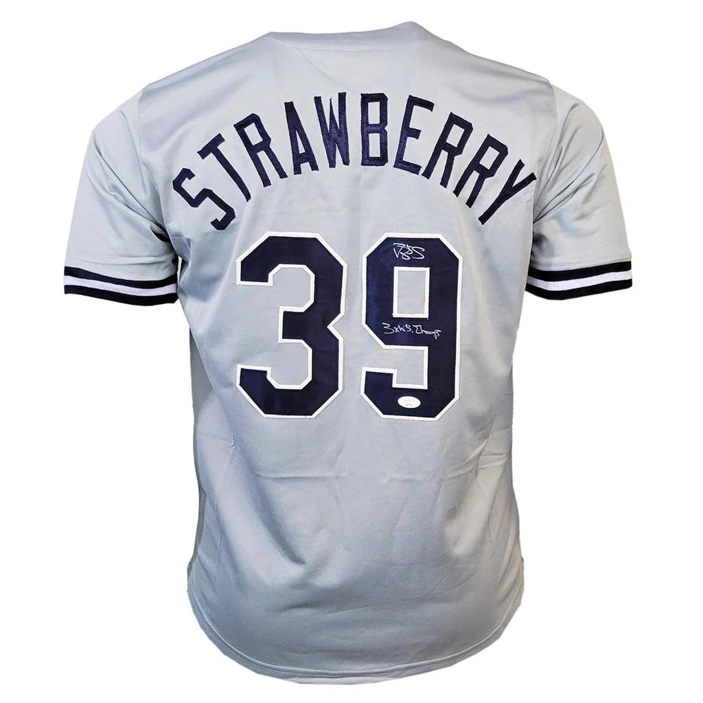 New York Yankees Darryl Strawberry 3x WS Champ Hand Signed Autographed Custom Gray Jersey JSA COA