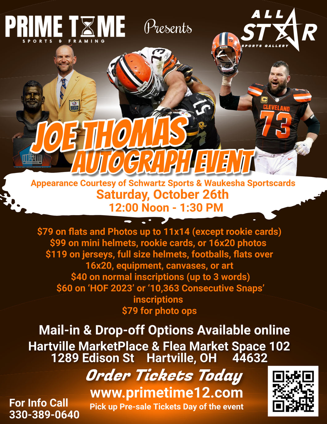 Joe Thomas Pre-Sale ticket for autograph signing on Photos or other flat item up to 11”x14”(except Rookie Cards)