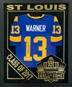 Kurt Warner - EXCLUSIVE PRO FOOTBALL HALL OF FAME FRAMING XL 3D LOGO WITH DOUBLE SUEDE Beckett Coa
