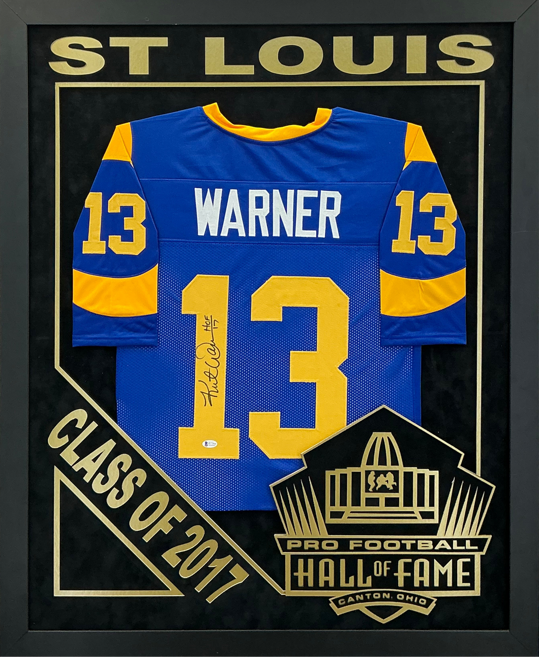 Kurt Warner - EXCLUSIVE PRO FOOTBALL HALL OF FAME FRAMING XL 3D LOGO WITH DOUBLE SUEDE Beckett Coa