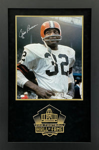 Jim Brown - EXCLUSIVE PRO FOOTBALL HALL OF FAME PHOTO FRAMING 3D LOGO WITH DOUBLE SUEDE JSA COA