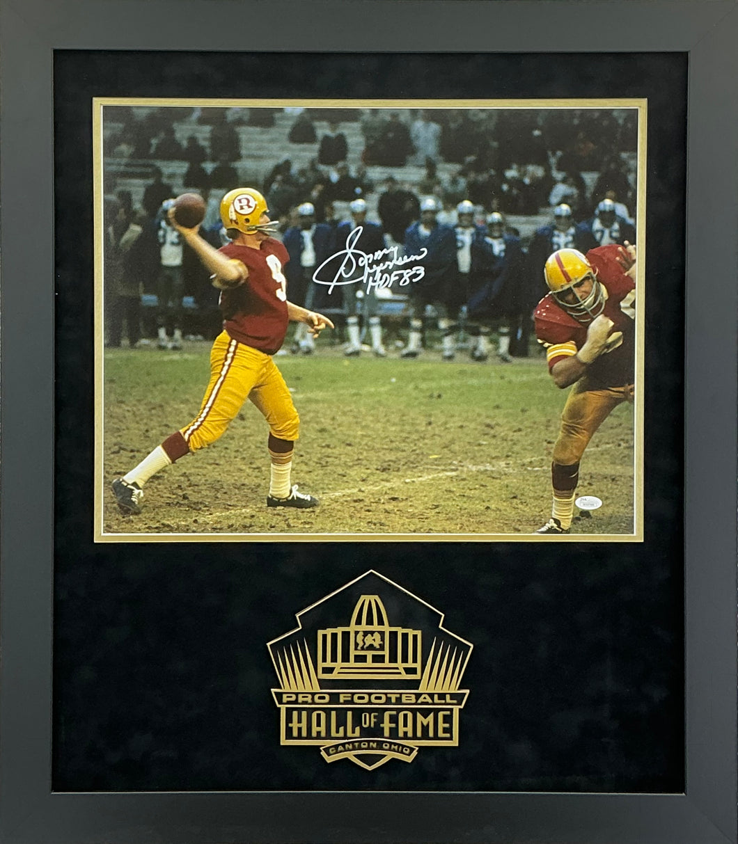 Sonny Jurgensen - EXCLUSIVE PRO FOOTBALL HALL OF FAME PHOTO FRAMING 3D LOGO WITH DOUBLE SUEDE JSA COA