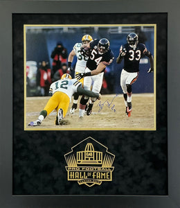 Brian Urlacher - EXCLUSIVE PRO FOOTBALL HALL OF FAME PHOTO FRAMING 3D LOGO WITH DOUBLE SUEDE Beckett Coa