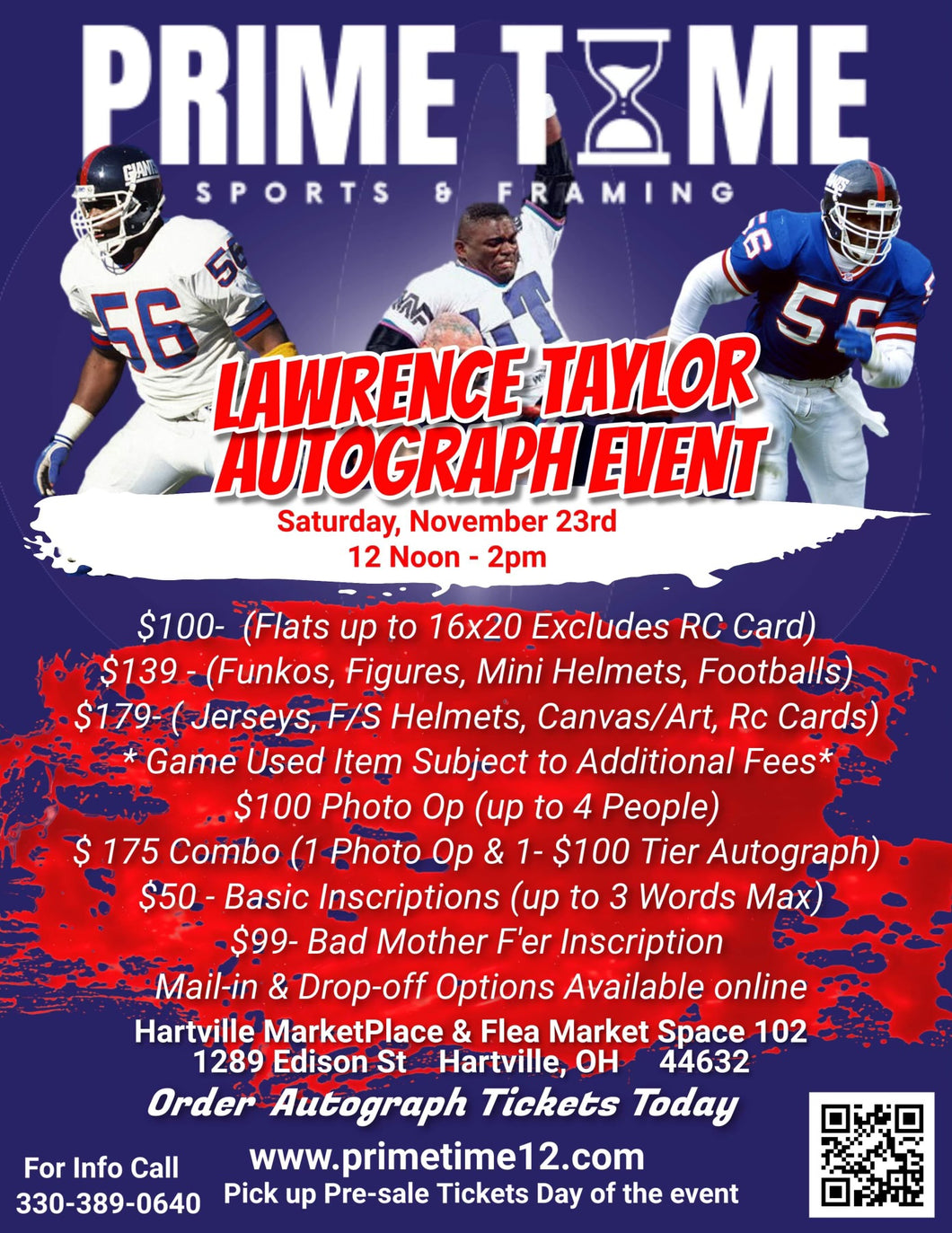 Lawrence Taylor Pre-Sale ticket for autograph signing on a Funko, Action Figure, Mini Helmet, or Football