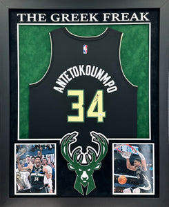 Milwaukee Bucks Giannis Antetokounmpo Hand Signed Autographed Authentic Nike Black Jersey Framed & Double Suede Matted with 3D Logo and "The Greek Freak" JSA COA