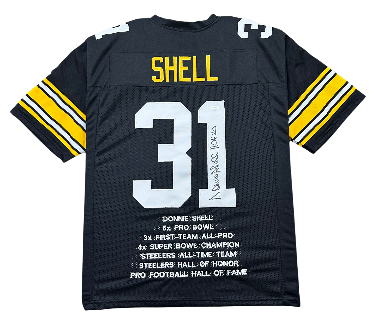 Pittsburgh Steelers Donnie Shell Hand Signed Autographed Custom Stat Jersey HOF 20 Inscription JSA COA