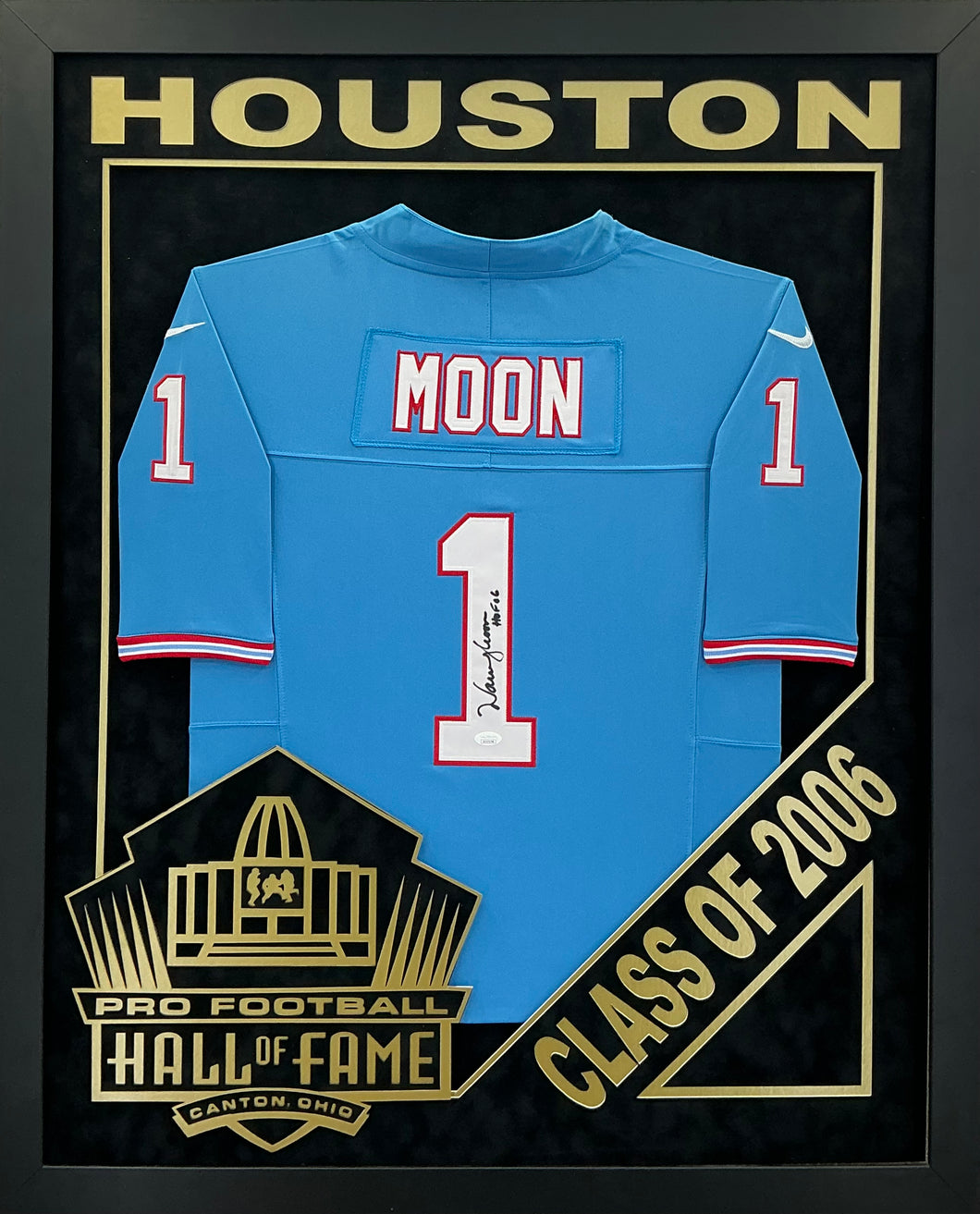 Warren Moon - EXCLUSIVE PRO FOOTBALL HALL OF FAME FRAMING XL 3D LOGO WITH DOUBLE SUEDE JSA