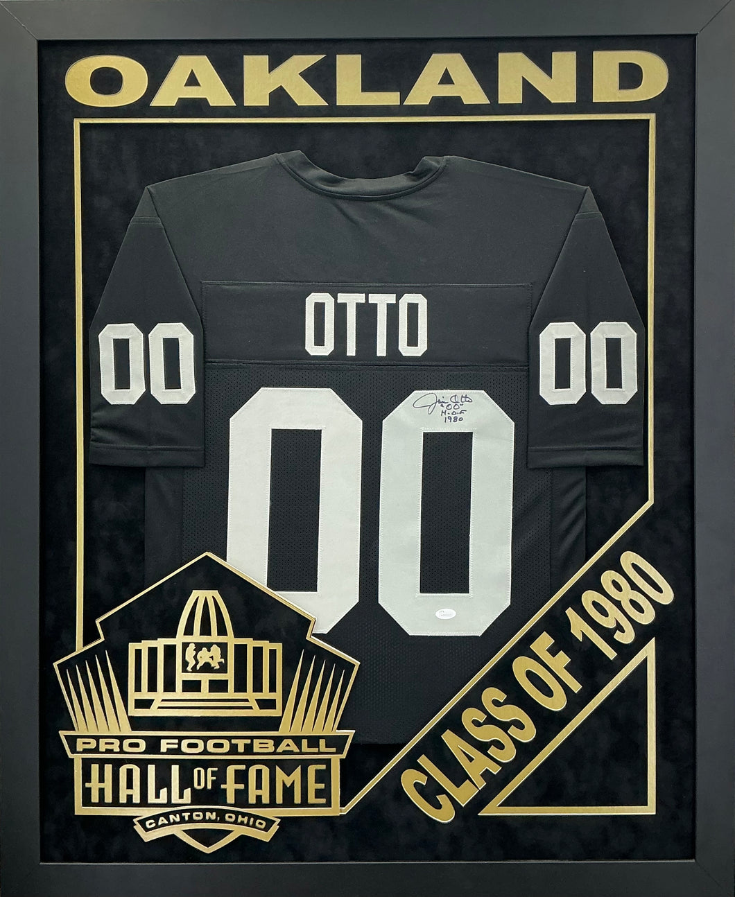Jim Otto - EXCLUSIVE PRO FOOTBALL HALL OF FAME FRAMING XL 3D LOGO WITH DOUBLE SUEDE JSA COA