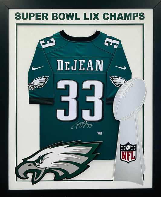 Philadelphia Eagles Cooper Dejean Hand Signed Autographed Authentic Green Jersey Framed and Double Suede Matted with XL 3D Logo FANATICS COA
