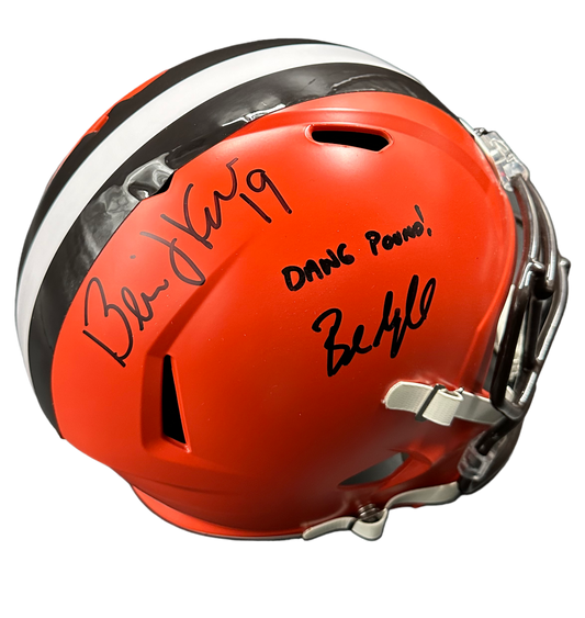 Cleveland Browns Bernie Kosar / Baker Mayfield Hand Signed Autographed Full Size Helmet “Dawg Pound” Inscription with JSA COA