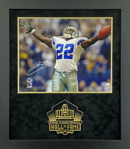 Emmitt Smith - EXCLUSIVE PRO FOOTBALL HALL OF FAME PHOTO FRAMING 3D LOGO WITH DOUBLE SUEDE JSA COA