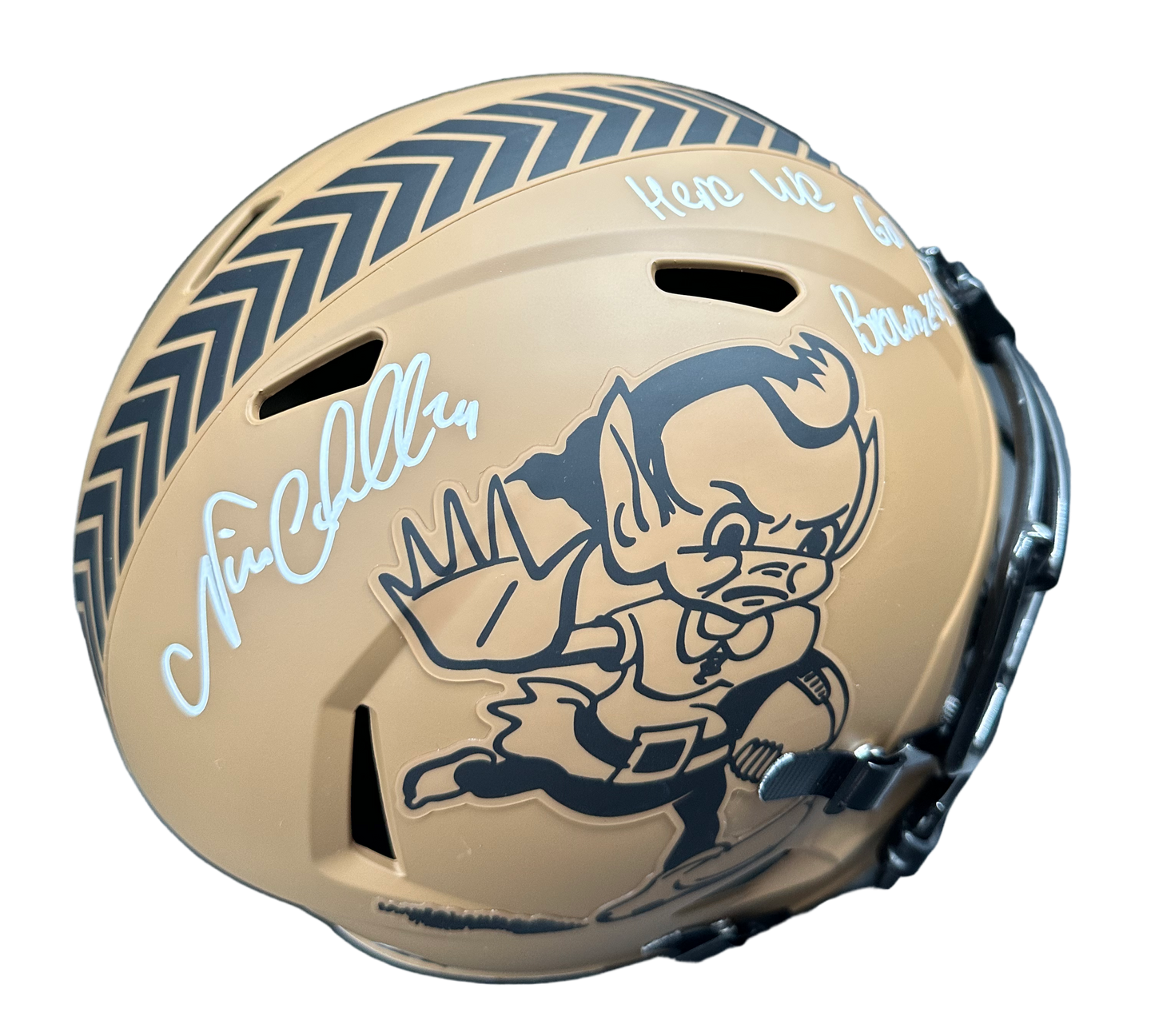 Cleveland Browns Nick Chubb Hand Signed Autographed Full Size Replica Salute to Service Brownie The Elf Logo With “Here We Go Brownies” Inscription Helmet with Beckett COA