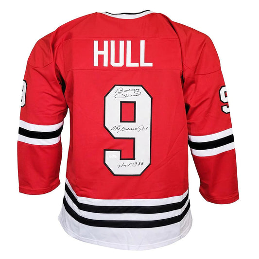 Chicago Blackhawks Bobby Hull “The Golden Jet” HOF 1983 inscription Hand Signed Autographed Jersey JSA COA