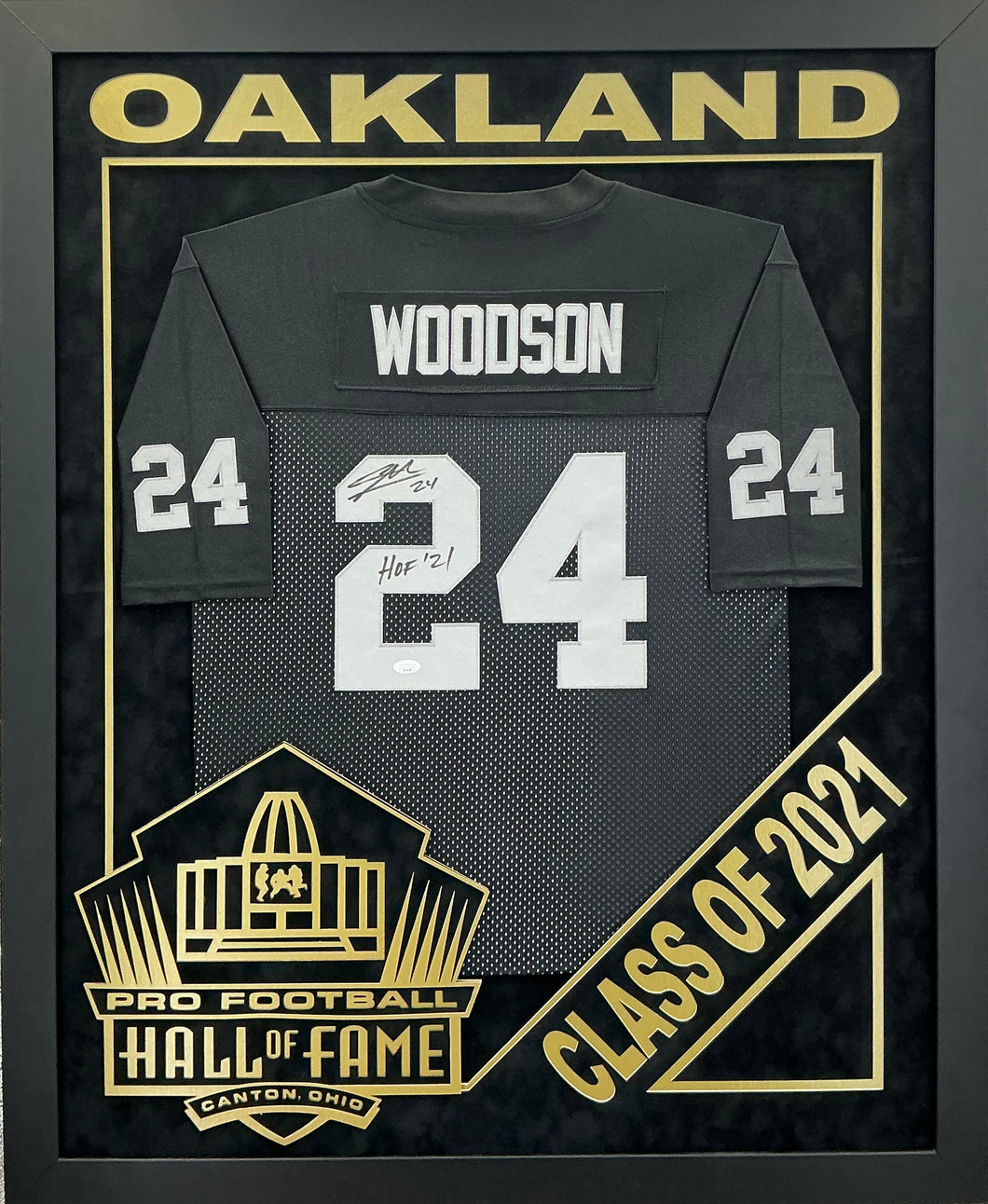 Charles Woodson - EXCLUSIVE PRO FOOTBALL HALL OF FAME FRAMING XL 3D LOGO WITH DOUBLE SUEDE JSA COA