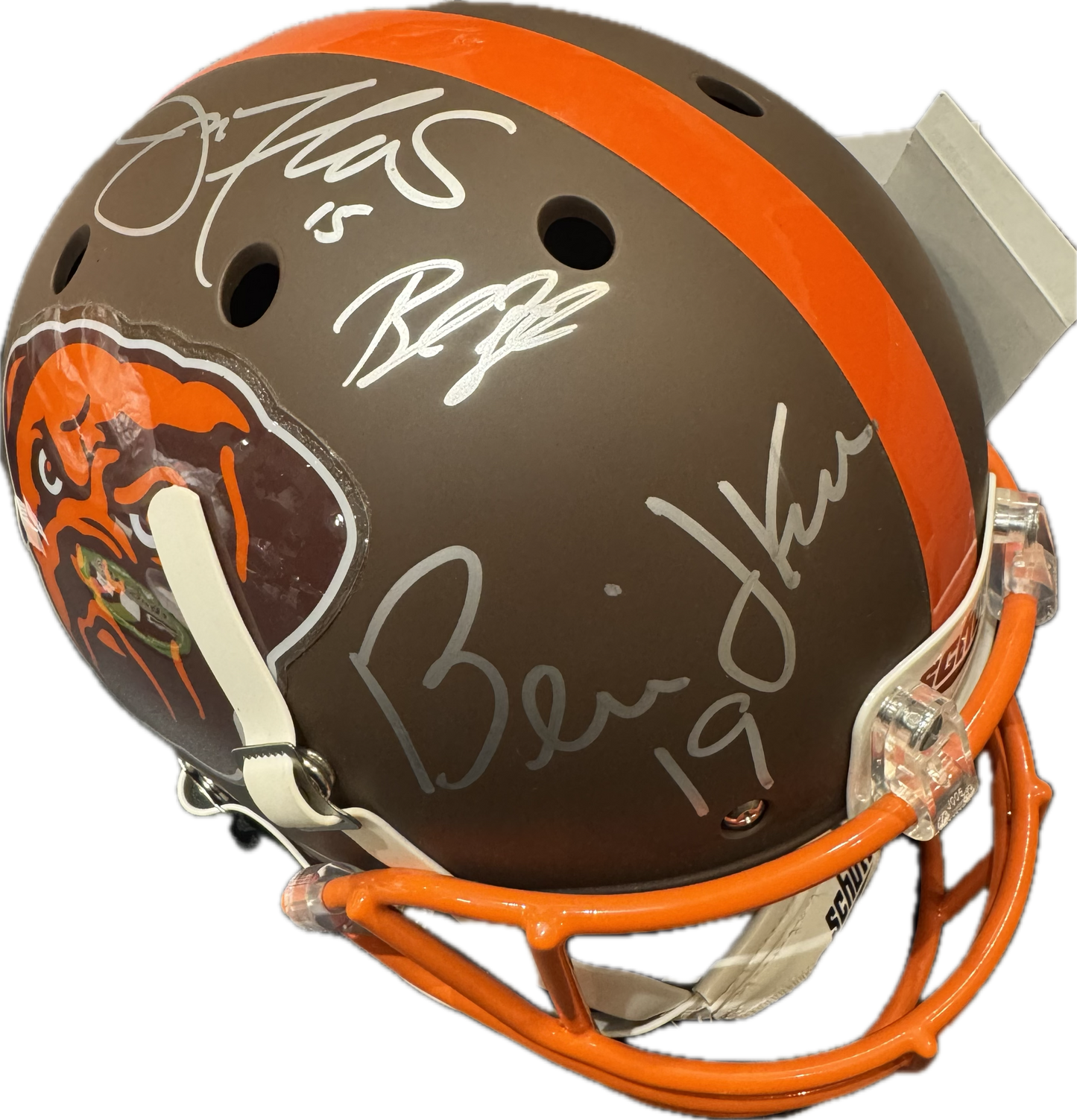 Cleveland Browns Bernie Kosar & Baker Mayfield Dual Hand Signed Autographed Custom Dawg Logo Full Size Authentic Helmet with JSA & BECKETT COA