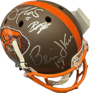Cleveland Browns Bernie Kosar & Baker Mayfield Dual Hand Signed Autographed Custom Dawg Logo Full Size Authentic Helmet with JSA & BECKETT COA