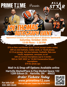 Joe Thomas Pre-Sale ticket for autograph signing on a mini helmet, 16x20 Photo, or Rookie Card