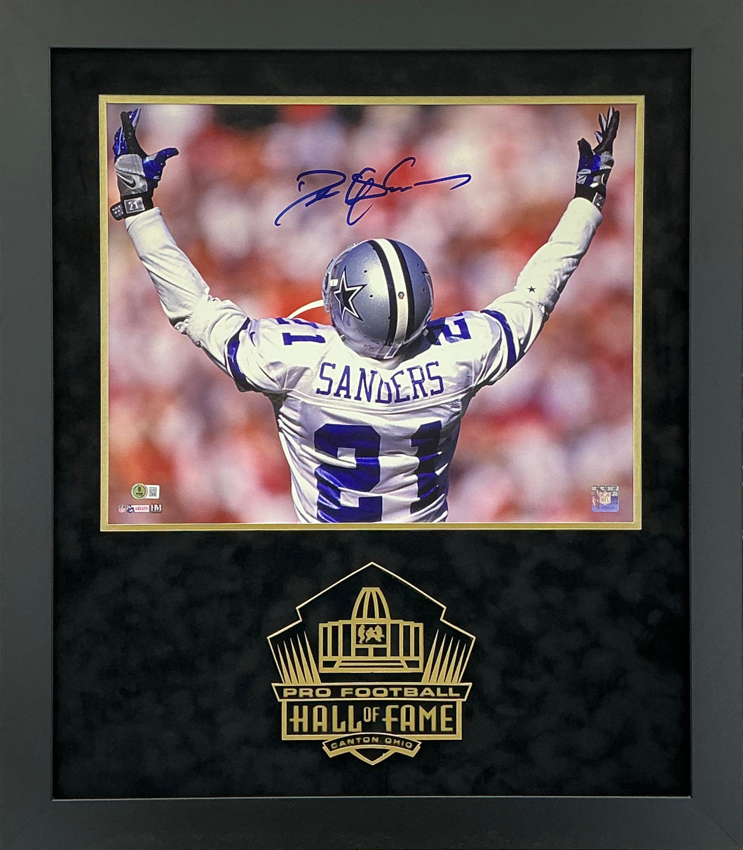 Deion Sanders - EXCLUSIVE PRO FOOTBALL HALL OF FAME PHOTO FRAMING 3D LOGO WITH DOUBLE SUEDE Beckett COA