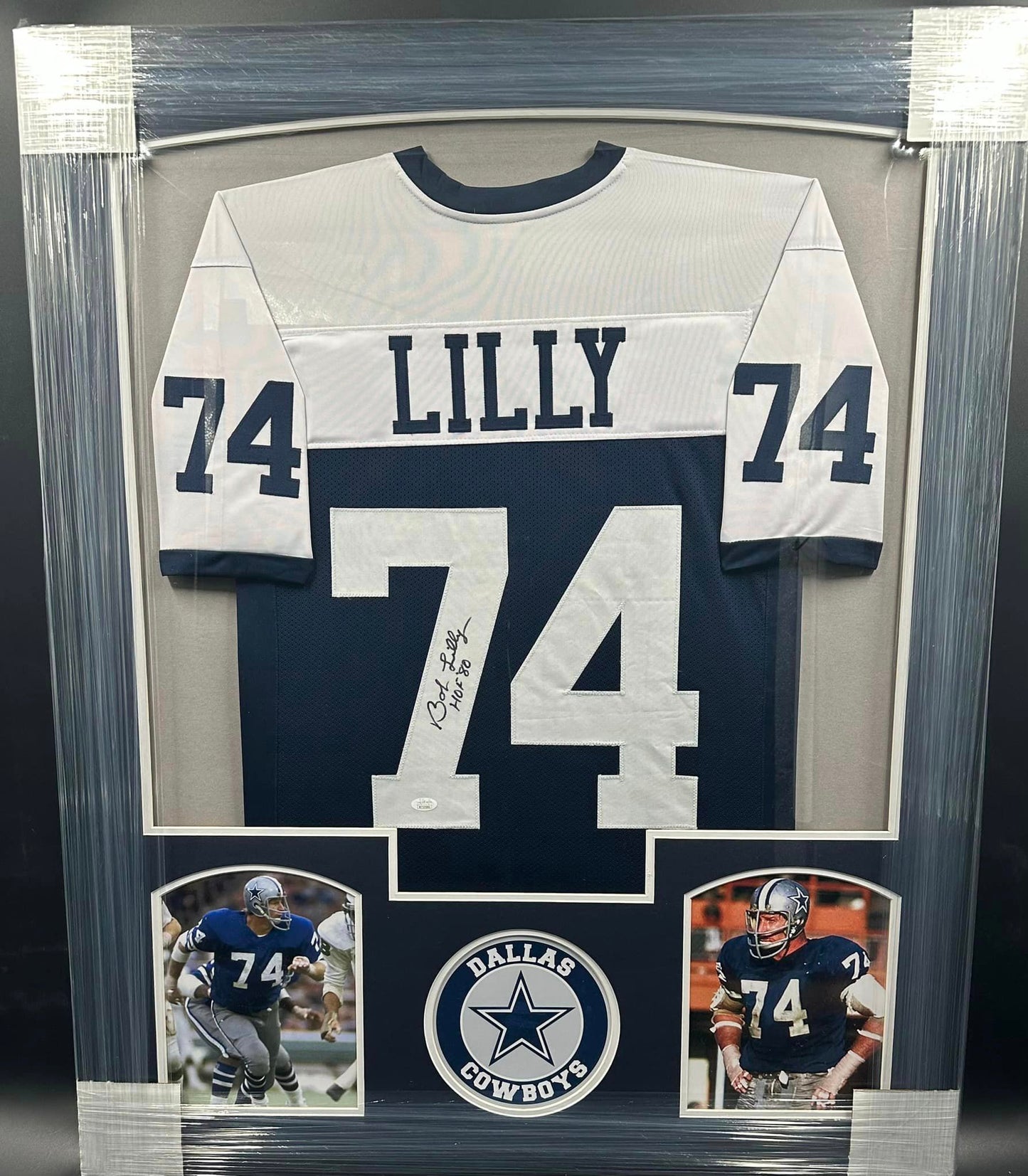 Dallas Cowboys Bob Lilly Hand Signed Autographed Custom Blue & White Jersey with HOF '80 Inscription Framed & Matted with JSA COA