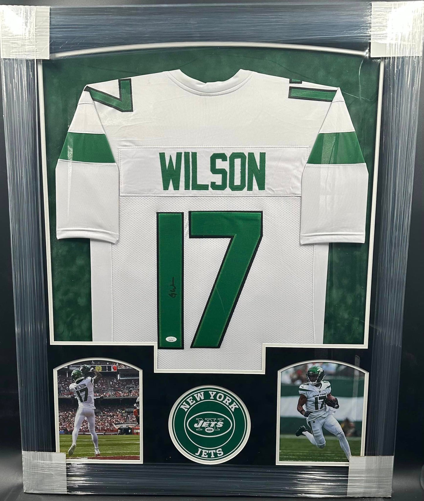 New York Jets Garrett Wilson Hand Signed Autographed Custom White Jersey Framed & Suede Matted with JSA COA