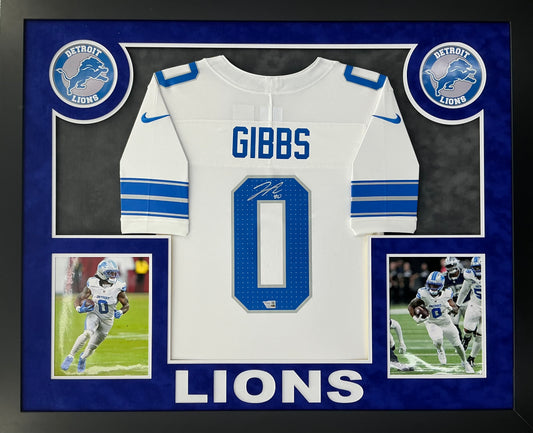 Jahmyr Gibbs Signed Autographed Detroit Lions Authentic White ersey Custom Framed Fanatics COA