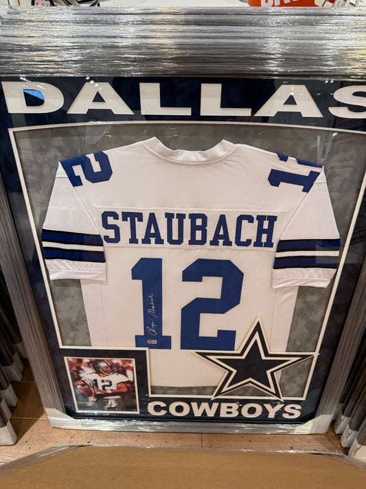 Dallas Cowboys Roger Staubach Signed Autographed Jersey Custom Framed BAS COA