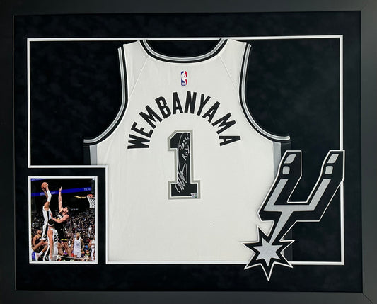 San Antonio Spurs Victor "Wemby" Wembanyama Hand Signed Autographed Authentic Black Jersey Framed & Double Suede Matted with XL 3D Logo & Cutout FANATICS Authentic COA