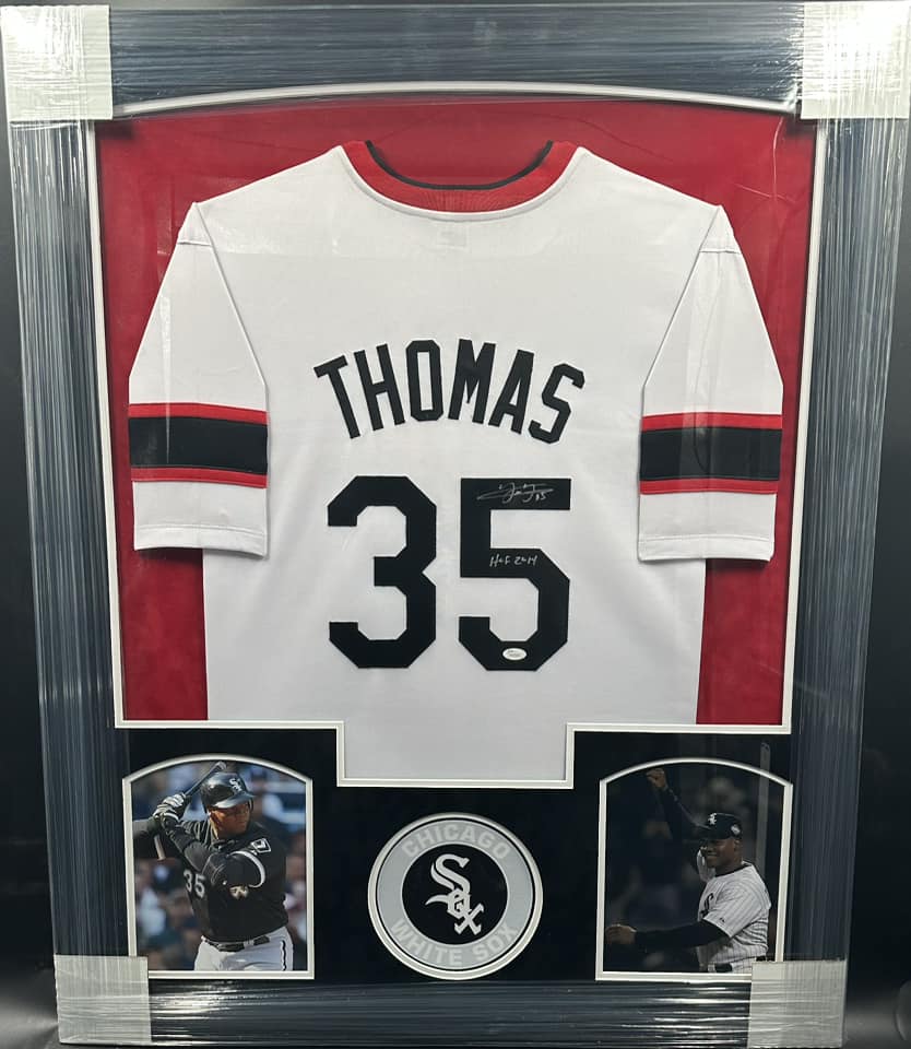 Chicago White Sox Frank Thomas Hand Signed Autographed Custom White Jersey with Hof 2014 Inscription Framed & Suede Matted with JSA COA