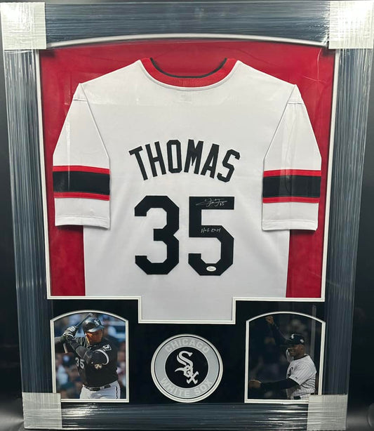 Chicago White Sox Frank Thomas Hand Signed Autographed Custom White Jersey with Hof 2014 Inscription Framed & Suede Matted with JSA COA