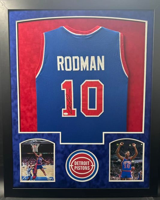Detroit Pistons Dennis Rodman Hand Signed Autographed Custom Blue Jersey Framed & Suede Matted with JSA COA