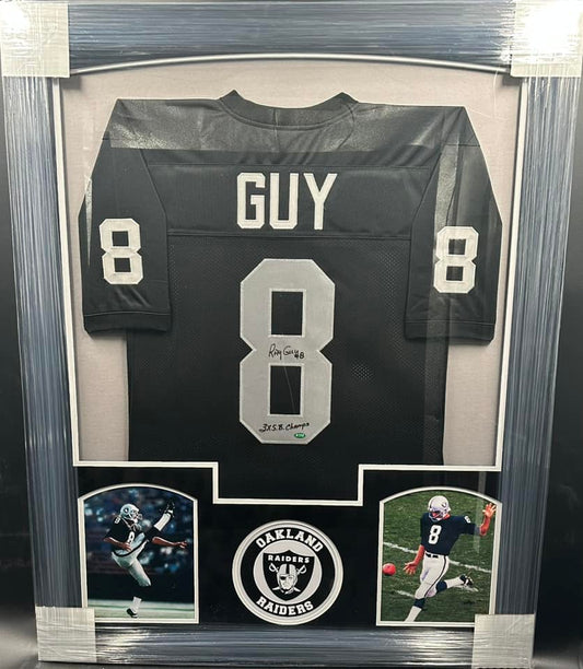 Oakland Raiders Ray Guy Hand Signed Autographed Custom White Jersey with 3x S.B. Champs Inscription Framed & Suede Matted with COA