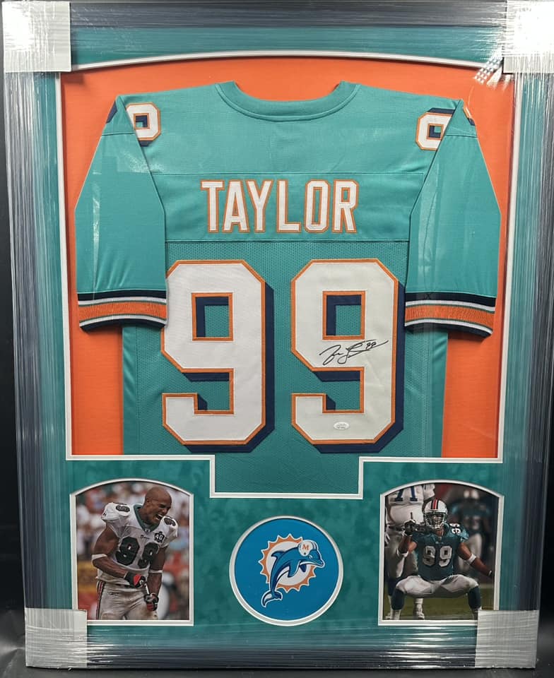 Miami Dolphins Jason Taylor Hand Signed Autographed Custom Teal Jersey Framed & Suede Matted with JSA COA