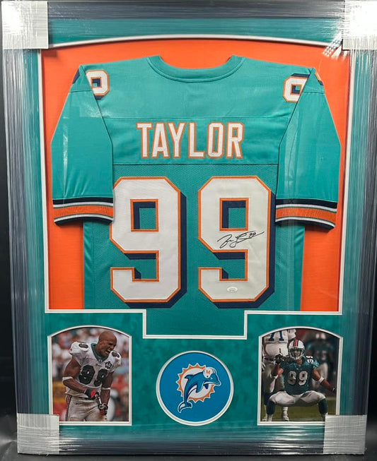 Miami Dolphins Jason Taylor Hand Signed Autographed Custom Teal Jersey Framed & Suede Matted with JSA COA