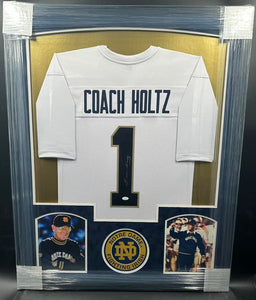University of Notre Dame Coach Lou Holtz Signed Jersey Framed & Suede Matted with JSA COA