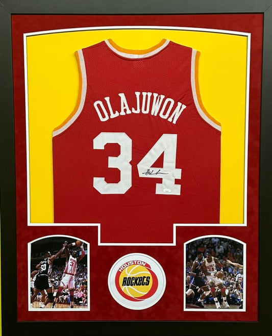 Houston Rockets Hakeem Olajuwon Hand Signed Autographed Custom Red Jersey Framed & Suede Matted with JSA COA