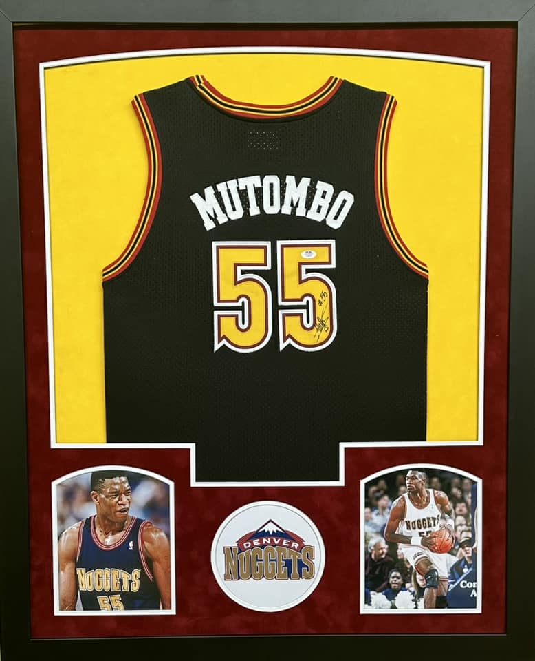 Denver Nuggets Mutombo Hand Signed Autographed Custom Black Jersey Framed & Suede Matted with PSA COA