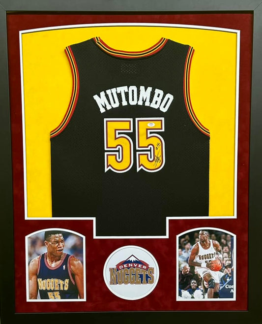 Denver Nuggets Mutombo Hand Signed Autographed Custom Black Jersey Framed & Suede Matted with PSA COA