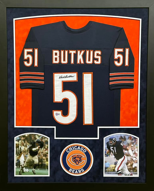 Chicago Bears Dick Butkus Hand Signed Autographed Custom Blue Jersey Framed & Double Suede Matted with Beckett COA
