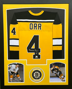 Boston Bruins ORR Hand Signed Autographed Gold Jersey Framed & Matted with JSA COA + Player Cert