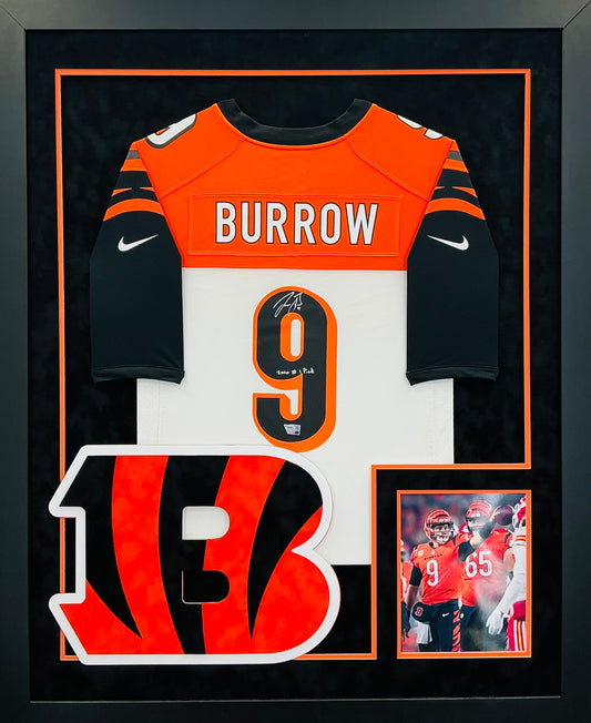 Cincinnati Bengals Joe Burrow Hand Signed Autographed Authentic Nike Jersey Custom Framed With 2020 #1 Pick inscription Fanatics COA