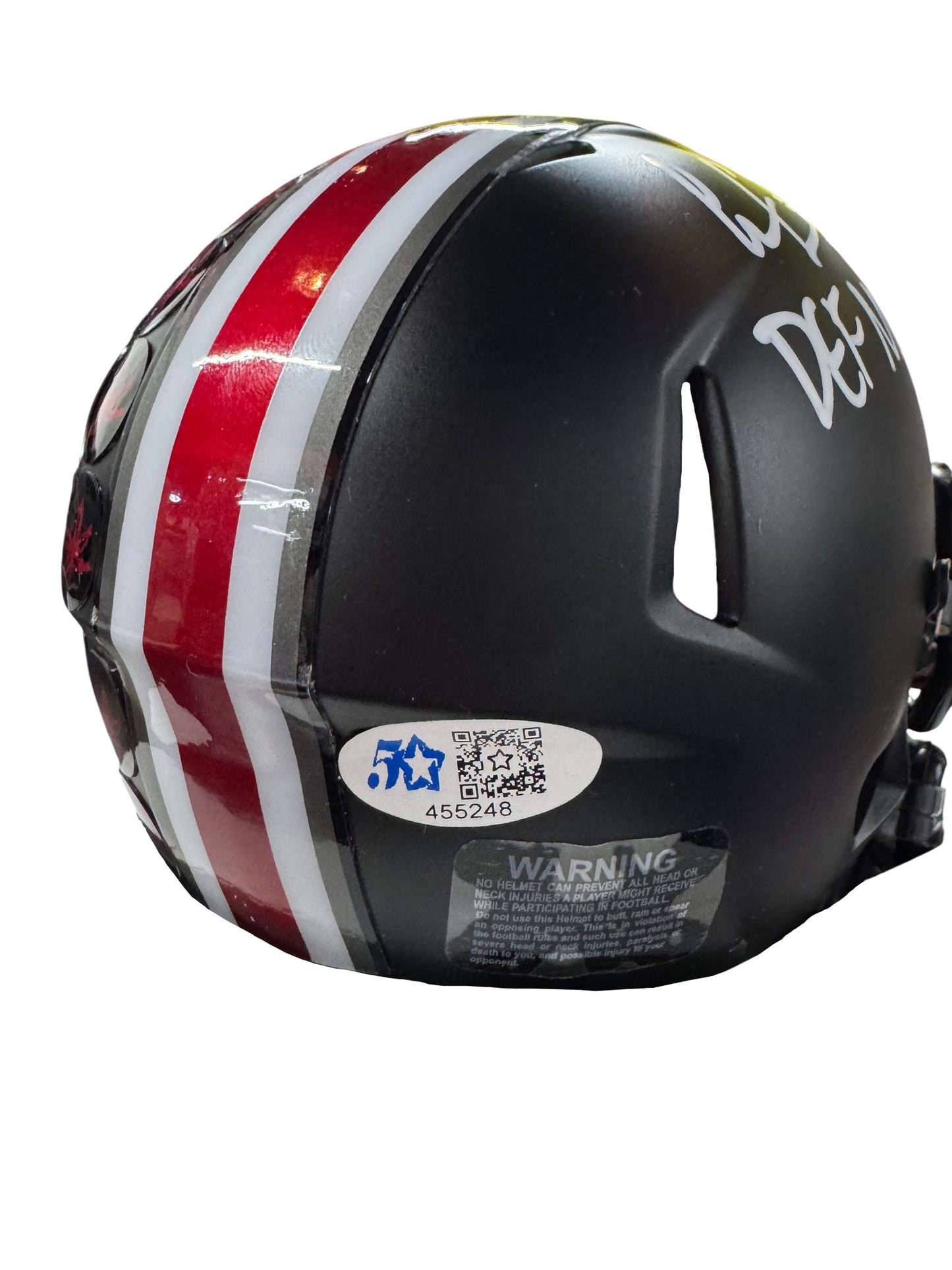 The Ohio State University Buckeyes Cody Simon Hand Signed Autographed Black Alt Mini Helmet Signed in White with DEF. MVP Inscription includes COA