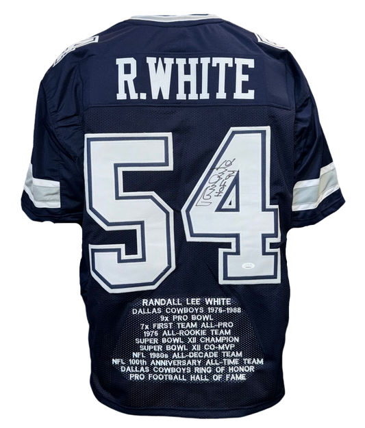 Dallas Cowboys Randy Navy Hand Signed Autographed Career Achievements Custom Stat Jersey with JSA COA