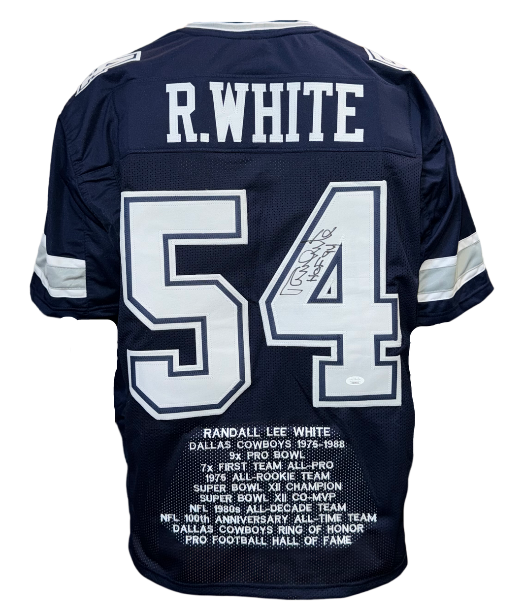 Dallas Cowboys Randy Navy Hand Signed Autographed Career Achievements Custom Stat Jersey with JSA COA