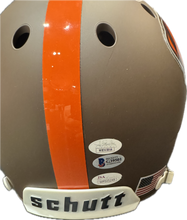 Load image into Gallery viewer, Cleveland Browns Bernie Kosar &amp; Baker Mayfield Dual Hand Signed Autographed Custom Dawg Logo Full Size Authentic Helmet with JSA &amp; BECKETT COA