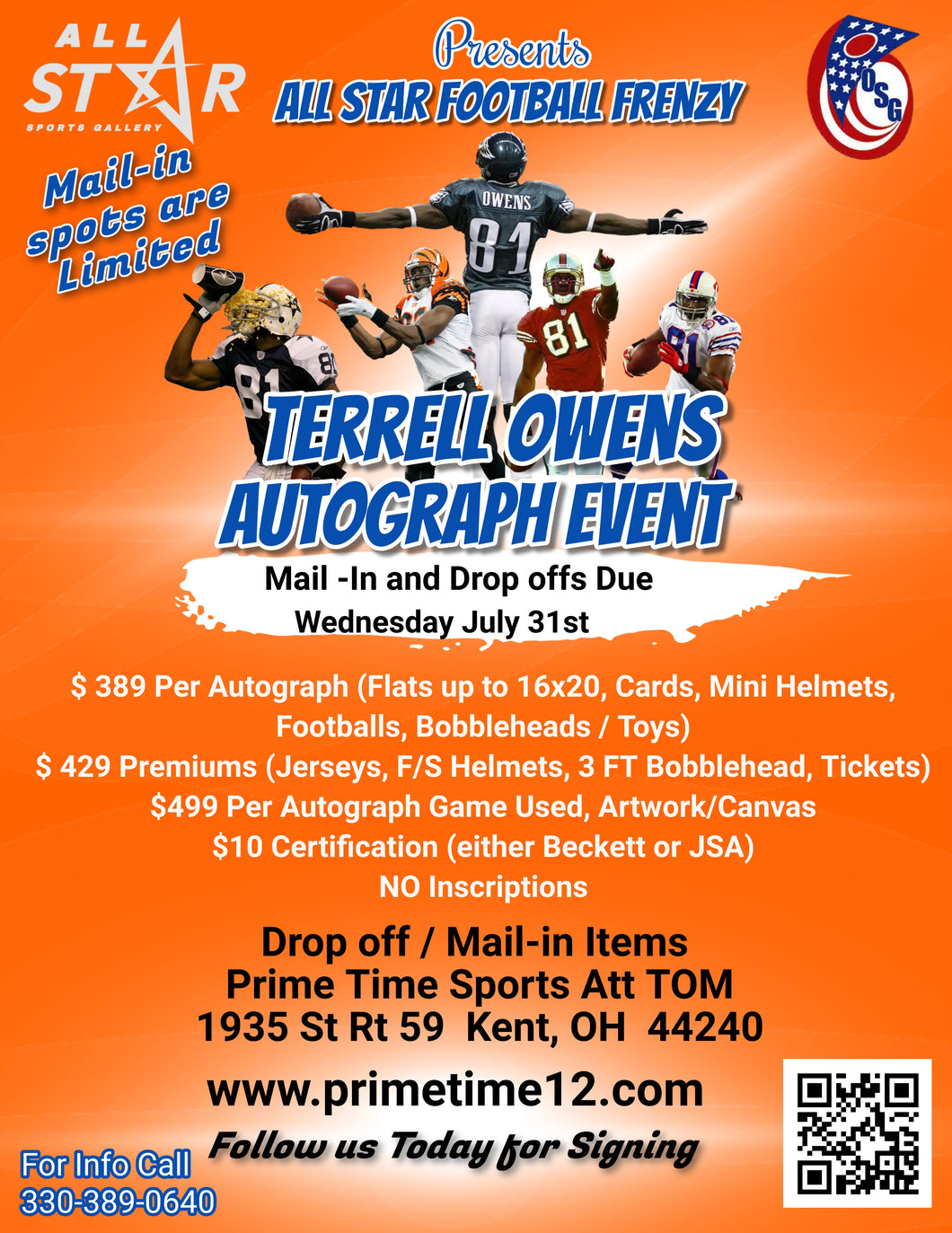 MAIL-IN OR DROP OFF Terrell Owens Pre-Sale ticket for autograph signing on Game-Used Item, Artwork, or Canvas