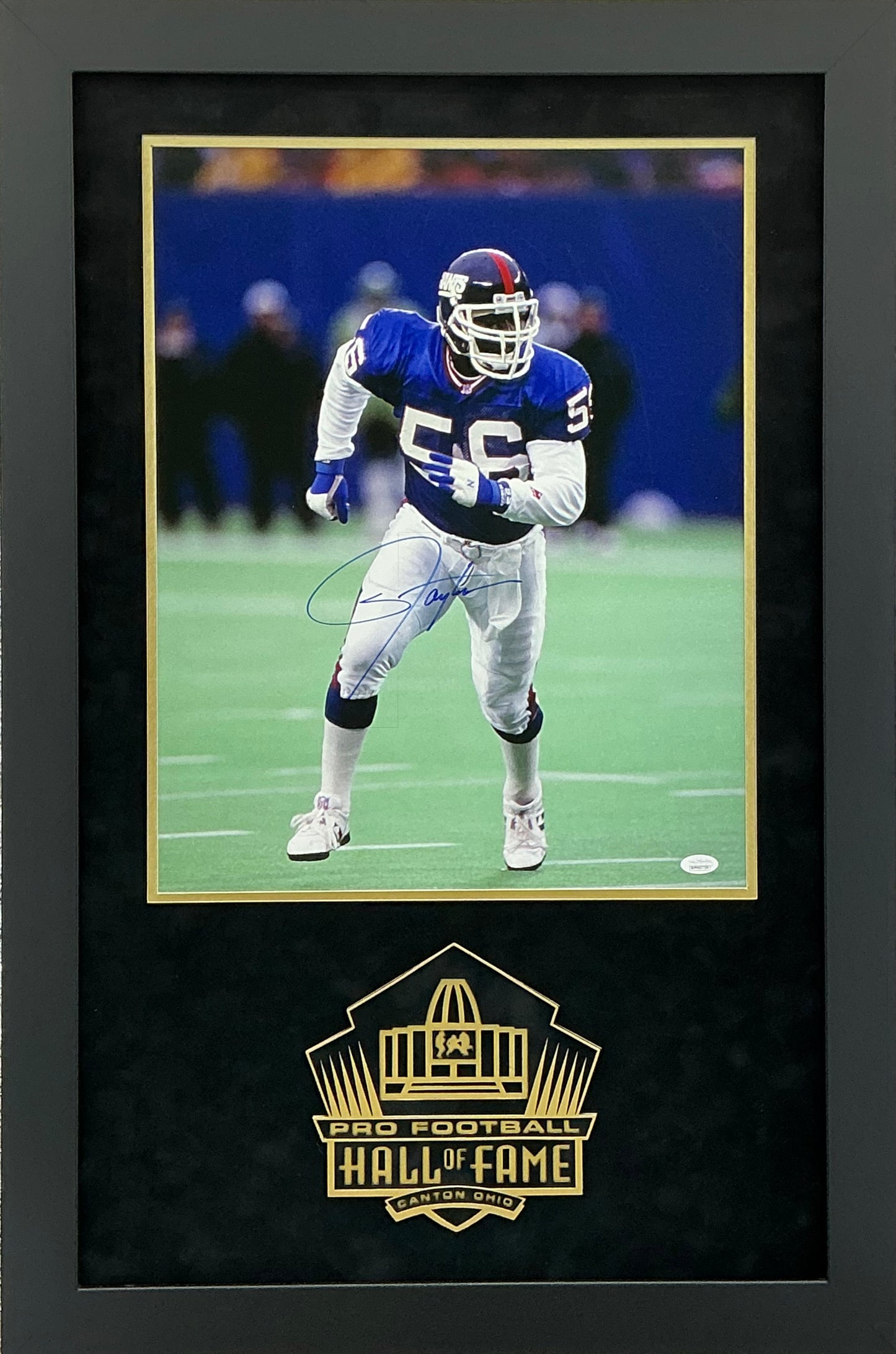 Lawrence Taylor - EXCLUSIVE PRO FOOTBALL HALL OF FAME PHOTO FRAMING 3D LOGO WITH DOUBLE SUEDE JSA COA