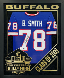 Bruce Smith - EXCLUSIVE PRO FOOTBALL HALL OF FAME FRAMING XL 3D LOGO WITH DOUBLE SUEDE Beckett Coa