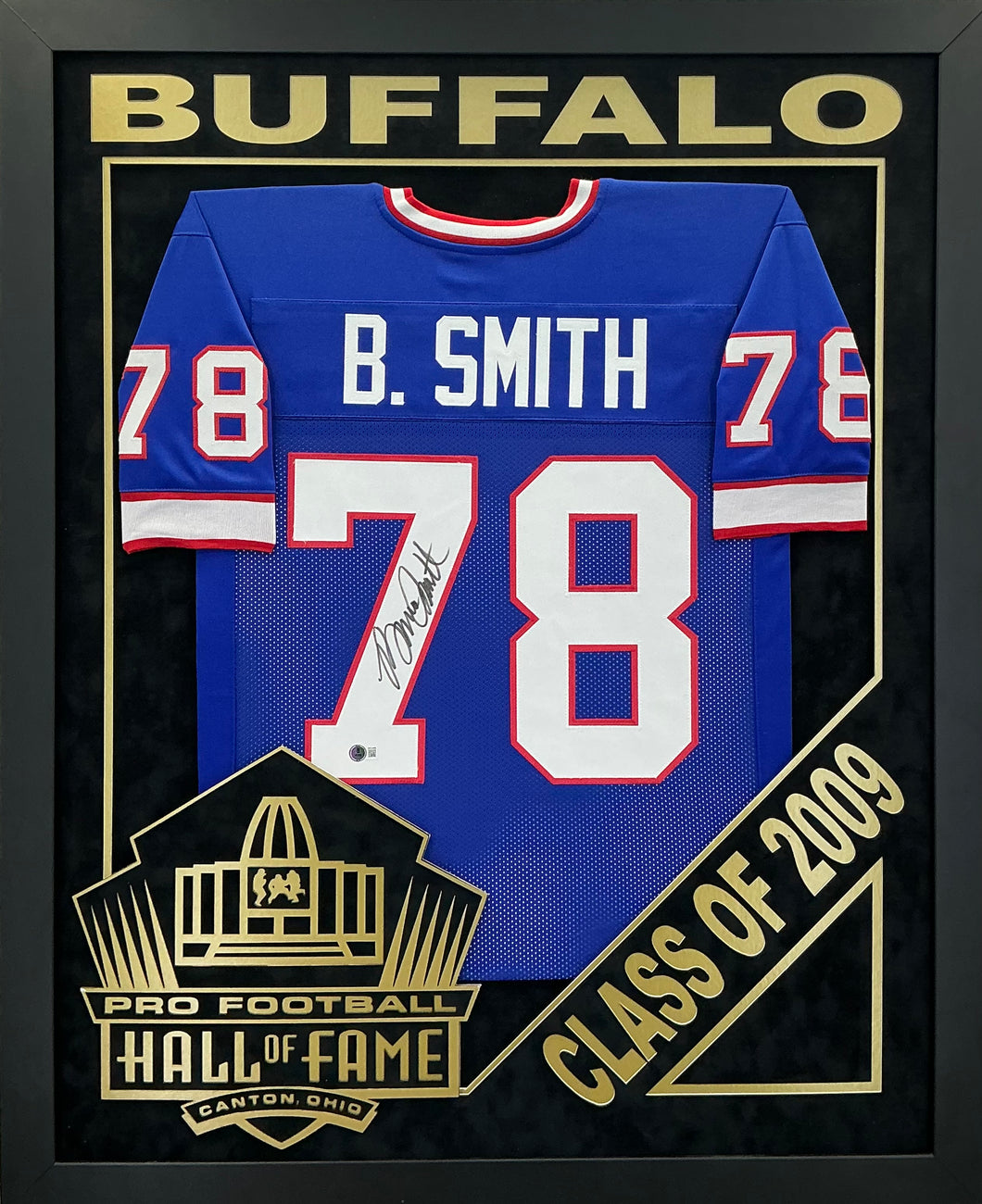 Bruce Smith - EXCLUSIVE PRO FOOTBALL HALL OF FAME FRAMING XL 3D LOGO WITH DOUBLE SUEDE Beckett Coa