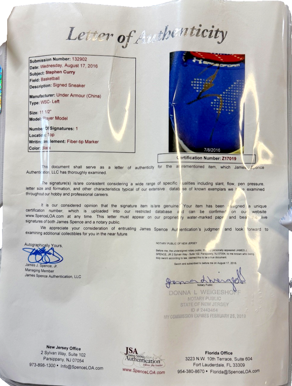 Steph Curry Signed Autographed Left Under Armour Shoe Sz 11.5 JSA COA